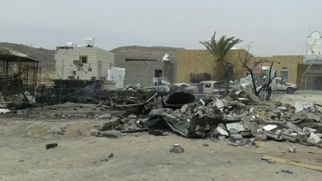 Aftermath of air strike that damaged Kitaf rural hospital in north-western Yemen. BBC