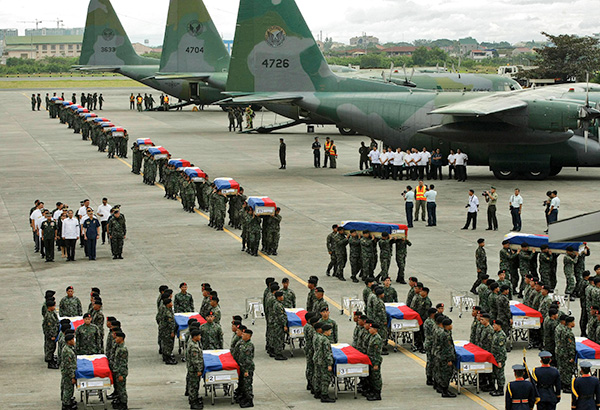 The 44 Philippine National Police-Special Action Forces commandos are killed by a combined force of Moro Islamic Liberation Front fighters and members of other rebel groups in an operation in Mamasapano, Maguindanao. FALLEN 44