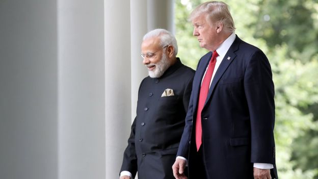 Indian Prime Minister Narendra Modi and American President Donald Trump Indian Prime Minister Narendra Modi and American President Donald Trump, seen here in 2017, have had cordial ties but their countries are currently at odds over trade. GETTY IMAGES