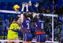 PH Superliga: Cargo Movers overpowers Blaze Spikers F2 Logistics Cargo Movers’ Kalei Mau attempts to score over the defense of Petron Blaze Spikers’ Mika Reyes and Aiza Maizo-Pontillas. PSL PHOTO