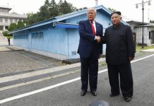 Trump steps into NoKor in historic meeting American President Donald Trump meets with North Korean leader Kim Jong-un at the border village of Panmunjom in the Demilitarized Zone, South Korea on June 30, 2019. AP