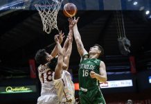 Blazers, Stags go 2-0 in NCAA caging Ilonggo Edward Dixon of the College of St. Benilde Blazers drops a floater against two University of Perpetual Help Altas defenders. ABS CBN SPORTS PHOTO