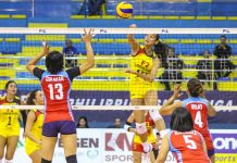 F2 Logistics defeats Marinerang Pilipina in Superliga F2 Logistics Cargo Movers’ Mary Joy Baron easily scores against the defense of Marinerang Pilipina Lady Skippers. PSL PHOTO