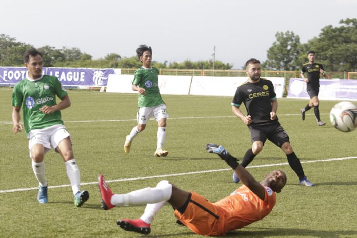 Green Archers United FC Green Archers United FC’s goal keeper falls on the floor as he tries to save the goal of Ceres-Negros FC’s Stephan Schrock. PFL
