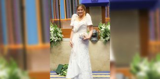 Iloilo City’s Cong. Julienne Baronda looks stunning in a white intricately-designed terno by Ilonggo fashion designer DJohn Clement during the fourth State of the Nation Address of President Rodrigo Duterte at the Batasang Pambansa in Quezon City on July 22, 2019. She accessorizes the terno with a pair of pearl earrings and a necklace by Pearl Farm and a clutch bag by Kultura. Hair and makeup is by Mayesa.