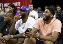 LeBron James and Anthony Davis share a laugh during NBA Summer League in Las Vegas. AP