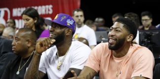LeBron James and Anthony Davis share a laugh during NBA Summer League in Las Vegas. AP