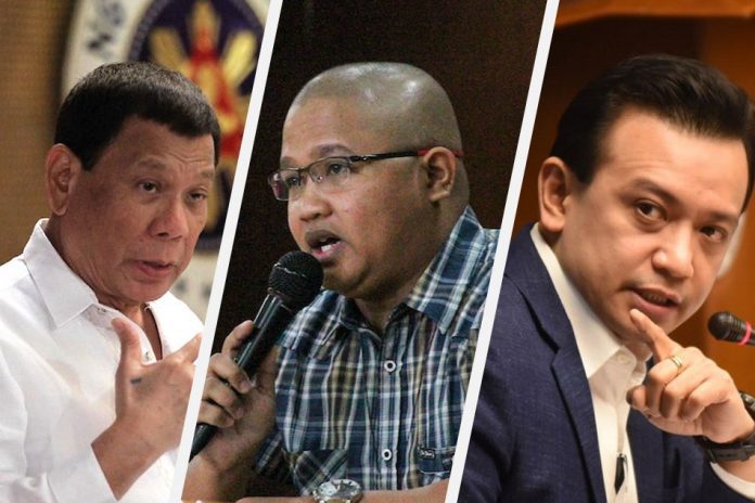 Peter Joemel Advincula Duterte Ouster Plot Peter Joemel Advincula (center) says Vice President Leni Robredo and former Sen. Antonio Trillanes IV (right) spearheaded the ouster plot against President Rodrigo Duterte. ABS-CBN NEWS