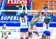 Lady Realtors snaps losing skid, crushes Mariners in Superliga Sta. Lucia Lady Realtors’ Roselle Baliton has her shot foiled by Marinerang Pilipina Lady Skippers’ Nica Gulliman. PSL PHOTO