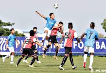 Stallion-Laguna survives Mendiola in 2019 PH Football League Ilonggo Ruben Doctora of Stallion-Laguna FC jumps ahead of Mendiola FC 1991 defenders to head the ball. PFL PHOTO