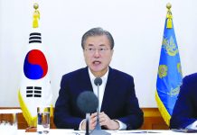 SKorean leader hits Japanese comments over sanctions South Korean President Moon Jae-in speaks during a meeting with business leaders at the presidential Blue House in Seoul, South Korea, Wednesday, July 10, 2019. YONHP VIA AP