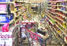 6.4 earthquake rattles Southern California In this photo provided by Adam Graehl, food and other merchandise lies on the floor at the Stater Bros. on China Lake Blvd., after an earthquake, Thursday, July 4, 2019, in Ridgecrest, Calif. The strongest earthquake in 20 years shook a large swath of Southern California and parts of Nevada on Thursday, rattling nerves on the July 4th holiday and causing injuries and damage in a town near the epicenter, followed by a swarm of ongoing aftershocks. AP