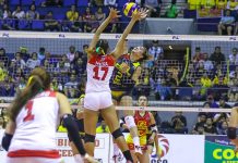 Ilongga Abigail Marano of F2 Logistics Cargo Movers challenges the defense of Cignal HD Spikers’ Ranya Musa. PSL PHOTO