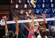 Creamline Cool Smashers’ Alyssa Valdez scores an attack over two Chef’s Classics Lady Red Spikers defenders. ABS CBN SPORTS PHOTO