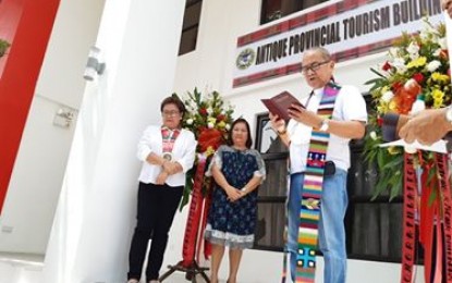 Antique inaugurates P10-M tourism office NEW PROVINCIAL TOURISM OFFICE. (From left) Antique Gov. Rhodora Cadiao and Acting Provincial Tourism Officer Cheryl Lynn Quanico join Rev. Fr. Fortunato Abiera during the blessing and inauguration of the new Antique Provincial Tourism Office in San Jose de Buenavista on Thursday (August 1, 2019). The tourism office is worth PHP10 million, which came from Buhay Partylist. PNA