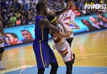 San Miguel Beermen’s Arwind Santos is clotheslined by TNT KaTropa’s Terrence Jones. POWCAST SPORTS PHOTO