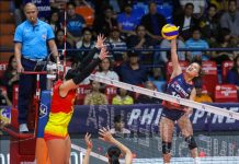 Petron deals F2 Logistics 1st loss in PH Superliga Petron Blaze Spikers’ Cherry Rondina towers over the defense of F2 Logistics Cargo Movers’ Kalei Mau for a hit. PSL PHOTO