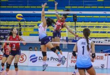 Petron sweeps Marineras in PH Superliga Cherry Rondina of Petron Blaze Spikers splashes the ball towards the defense of Rhea Ramirez of Marinerang Pilipina Lady Skippers. PSL PHOTO
