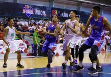 Eliud Poligrates of the Marinerong Pilipino Skippers evades his Hazchem Green Warriors defenders. PBA PHOTO