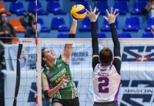 Jovelyn Gonzaga of PacificTown-Army Lady Troopers fires a shot against a Choco Mucho Flying Titans defender. TIEBREAKER TIMES PHOTO