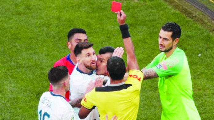 Lionel Messi Lionel Messi of Argentina is shown a red card in the 37th minute against Chile, following a clash at the Copa America. REUTERS