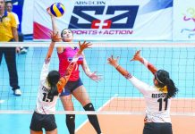 Creamline Cool Smashers’ Michelle Gumabao scores against a BanKo-Perlas Lady Spikers defender. SPORTS VISION PHOTO