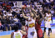 San Miguel makes it to PBA Comm’s Cup finals Rain or Shine Elasto Painters’ Norbert Torres muscles his way against the defense of San Miguel Beermen’s Chris McCullough. PBA PHOTO