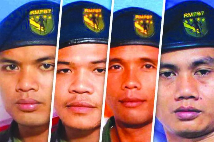Police officers in Ayungon, Negros Oriental President Rodrigo Duterte raises reward to P5 million for capturing those who killed (from left) Police Corporal Relebert Beronio and Patrolmen Raffy Callao, Roel Cabellon and Marquino De Leon. The four cops were summarily executed in Barangay Mabato, Ayungon, Negros Oriental – known as a bailiwick of communist insurgents. RMFB SEVEN VIA FACEBOOK