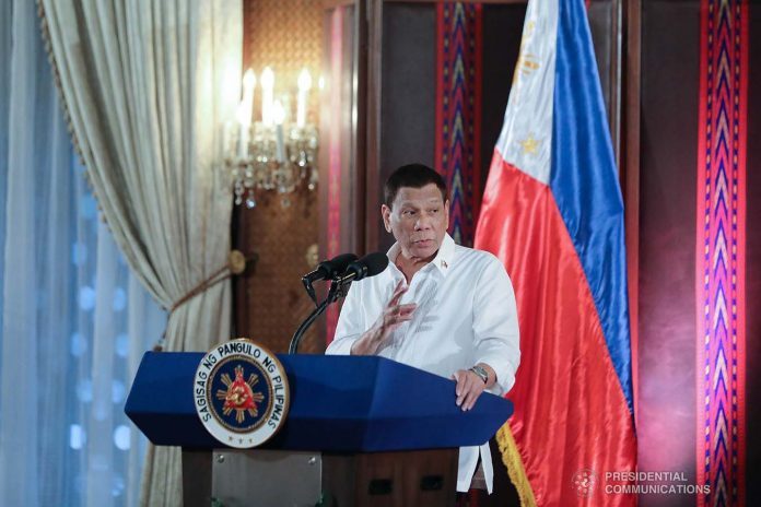 President Rodrigo Roa Duterte delivers his speech during the oath-taking ceremony of the newly promoted officers of the Philippine National Police at the Malacañan Palace on August 8, 2019. PRESIDENTIAL PHOTO