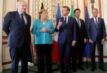 Squabbles erupt as G7 leaders open summit Britain’s Prime Minister Boris Johnson, German Chancellor Angela Merkel, French President Emmanuel Macron, Italy's acting Prime Minister Giuseppe Conte and President of the European Council Donald Tusk pose during a G7 coordination meeting with the Group of Seven European members at the Hotel du Palais in Biarritz, France Aug. 24, 2019. REUTERS