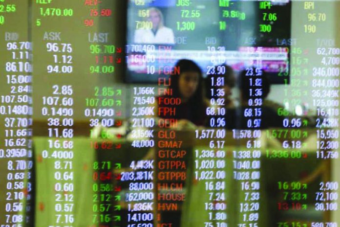 Stocks recover Numbers from the electronic stock board are reflected on the glass window of a restaurant during trading hours of the Philippine Stock Exchange at the financial district of Makati, Philippines. The main equities index rose by 1.29 percent, or 100.12 points, to 7,847.50 points on Wednesday, while the local currency finished the day’s trade at 52.32 from 52.26 a day ago against the US dollar. AP PHOTO/AARON FAVILA