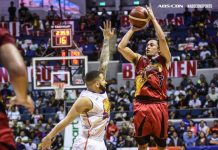 San Miguel Beermen’s Terrence Romeo shoots over the defense of TNT KaTropa’s Brian Heruela. ABS-CBN SPORTS PHOTO