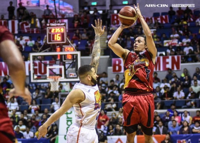 Terrence Romeo San Miguel Beermen’s Terrence Romeo shoots over the defense of TNT KaTropa’s Brian Heruela. ABS-CBN SPORTS PHOTO