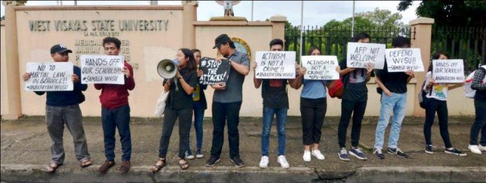 West Visayas State University Picket IS STUDENT ACTIVISM A CRIME? Students of West Visayas State University in Iloilo City stage a picket on Aug. 23, 2019 denouncing the planned deployment of government security forces in schools. Just this Aug. 20, students of the University of the Philippines Visayas in Miag-ao, Iloilo staged a walkout against the plan. IAN PAUL CORDERO/PN