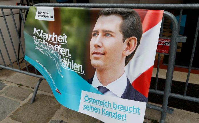 An election poster depicting the head of Peoples Party and former chancellor Sebastian Kurz is seen, as he attends the final election rally ahead of the parliamentary election in Vienna, Austria on Sept. 27. REUTERS/LEONHARD FOEGER