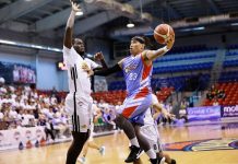 Eliud Poligrates of Marinerong Pilipino Skippers attempts to score against the defense of Papa Ndiaye of the Technological Institute of the Philippines Engineers. PBA PHOTO