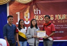 Panay News photojournalist shares expertise at 10th Gusting Journalism Seminar Members of the University of San Agustin Publications hand over a certificate to Panay News photojournalist Ian Paul Cordero (far right). He is one of the lecturers during the 10th Gusting Journalism Seminar and Workshop on Sept. 21. Photo Courtesy by University of San Agustin Publication.