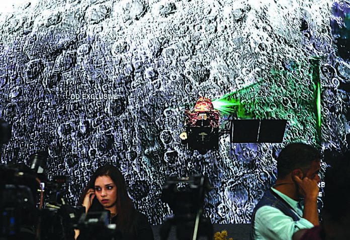 India’s Chandrayaan 2, Lunar Moon Mission at ISRO in Bangalore. INDIA A video on Chandrayaan 2 India's Moon mission is projected on the LED wall at the media centre at Indian Space Research Organization (ISRO) Telemetry Tracking and Command Network (ISTRAC) Command Centre in Bangalore, India, Sept. 6, 2019. EPA/JAGADEESH NV