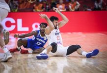 The Philippines’ Jaymar Perez hustles for a loose ball against Serbia’s Vasilije Micic during their 2019 FIBA World Cup game on Monday night at the Foshan International Sports and Cultural Center in Foshan, China. FIBA PHOTO