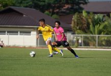 Jose Elmer Porteria of Ceres Negros FC puts the ball away from Stallion Laguna FC’s Kou Belgira’s reach. PFL PHOTO