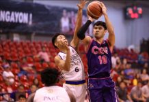 Joshua Fontanilla of BRT Sumisip Basilan-St. Clare Saints tries to stop the shot attempt of Centro Escolar University Scorpions’ Rich Guinitaran. PBA MEDIA GROUP PHOTO