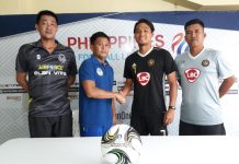 Kaya Futbol Club-Iloilo’s Jovin Bedic shakes hands with a Philippine Air Force FC player during the press conference before their 2019 Philippines Football League game this afternoon. KAYA ILOILO PHOTO