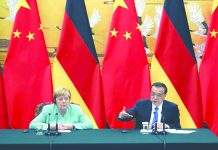 ‘Germany must engage in dialogue with China’ Chinese Premier Li Keqiang gives a speech during the press conference at the end of the meeting with Chancellor of Germany Angela Merkel, left, at The Great Hall Of The People in Beijing, on Friday, Sept. 6, 2019. AP