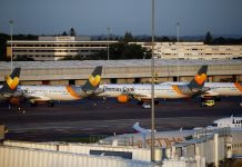 Grounded airplanes with the Thomas Cook livery are seen at the Manchester Airport, Manchester, Britain on Sept. 23. REUTERS