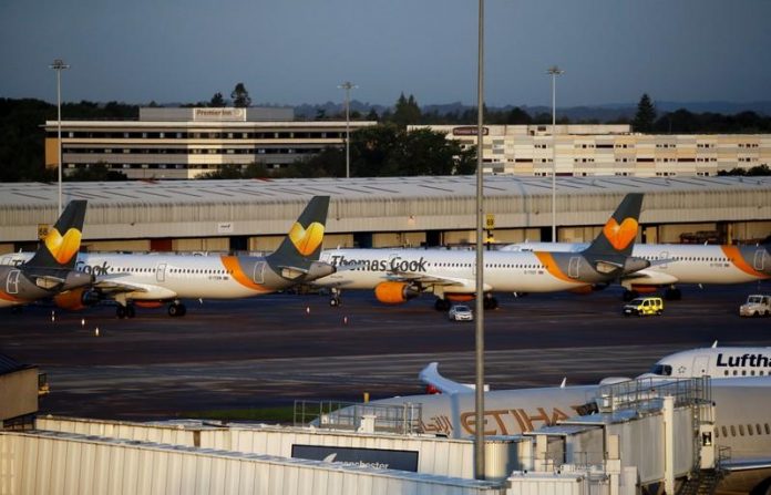 Manchester Airport Grounded airplanes with the Thomas Cook livery are seen at the Manchester Airport, Manchester, Britain on Sept. 23. REUTERS