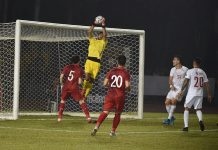 Philippine Azkals goalkeeper Michael Falkesgaard saves the attempt from Syria. PFF PHOTO