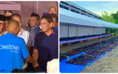 Members of the Moro Islamic Liberation Front turn over 940 weapons to President Rodrigo Duterte in a decommissioning process in Sultan Kudarat, Maguindanao on Saturday. NOEL PUNZALAN/PNA