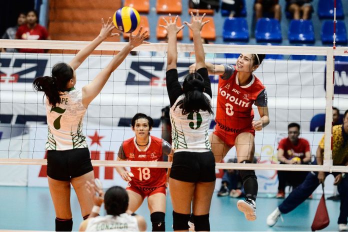 Myla Pablo Myla Pablo of Motolite Power Builders directs her shot against two PacificTown-Army Lady Troopers defenders. SPORTS VISION PHOTO
