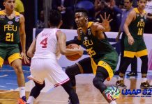 Pat Tcuente of Far Eastern University Tamaraws defends University of the East Red Warriors; Rey Suerte. UAAP PHOTO