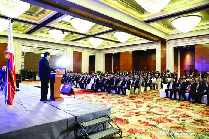 President Rodrigo Roa President Rodrigo Roa Duterte delivers his speech during the Philippines-China Business Forum at the Grand Hyatt Hotel in Beijing on Aug. 30, 2019. The Philippine president has told Chinese businessmen in Beijing to personally report to him if they encountered trouble with corruption while setting up businesses in the Philippines. PRESIDENTIAL PHOTO